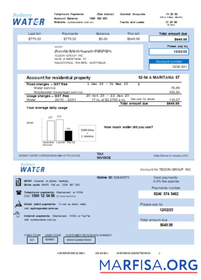 Blank Sydney Water utility business bill, KA real example